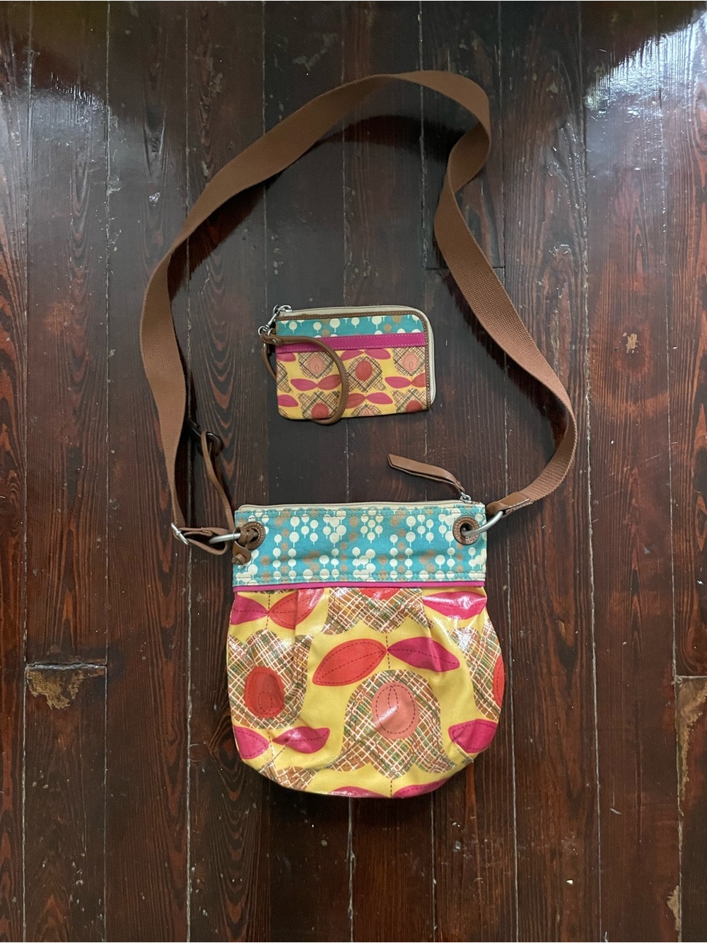 Fossil Yellow, Teal & Pink Patterned Crossbody with Coin Pouch